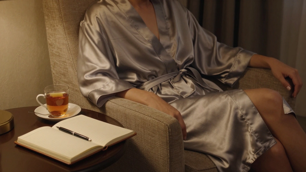 An empty hotel suite in Dubai with a folded robe, tea cup, and open notebook, suggesting a private, thoughtful encounter.