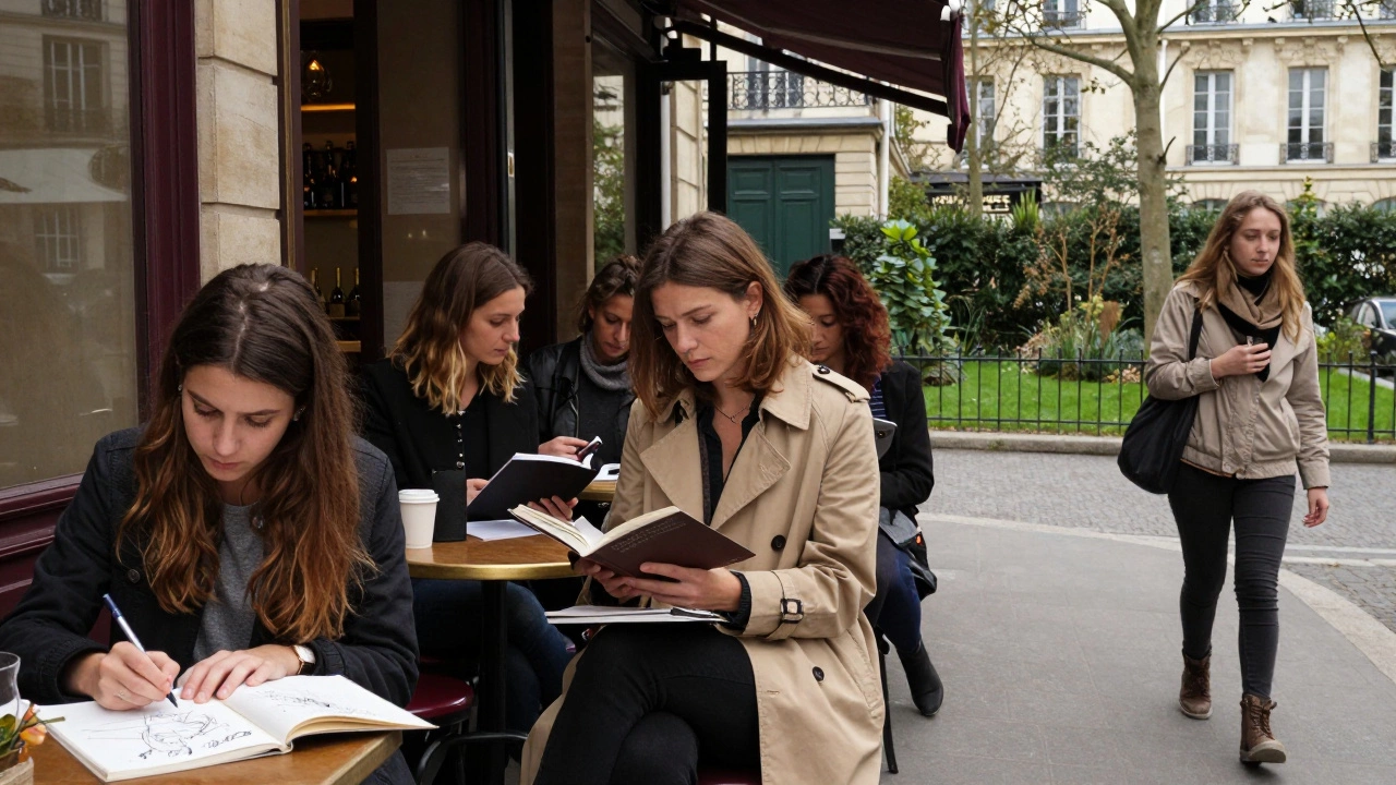 Three independent women in Paris: a student artist, a reader in a café, and a walker in a garden, each lost in quiet moments.